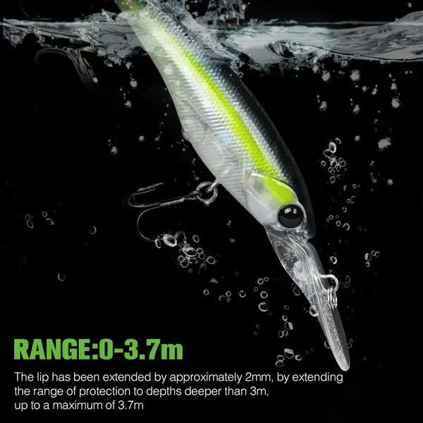 Suspending minnow lure, white with neon yellow-green stripe, black eye, treble hook