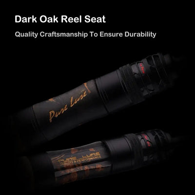 Black fishing rod with dark oak reel seat and gold logo on the handle
