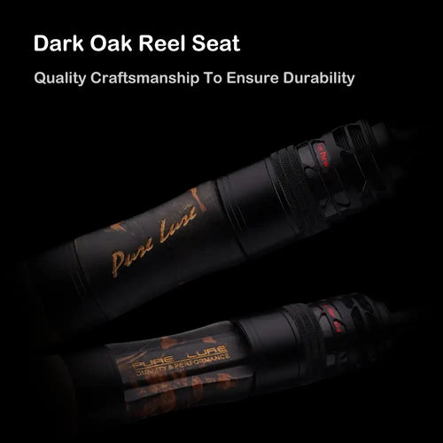 Black fishing rod with dark oak reel seat and gold logo on the handle