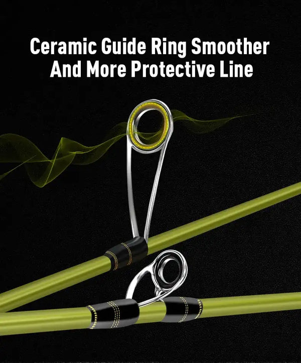 Close-up line guides on lime green rod blank with ceramic guide rings