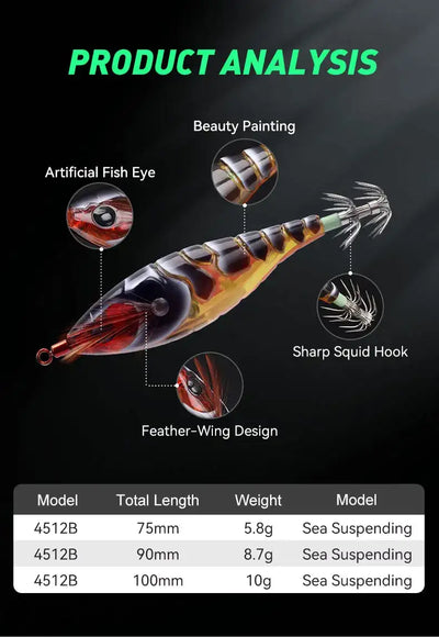 Artificial squid jig with sharp tentacle hook, striped eye and feather-wing design