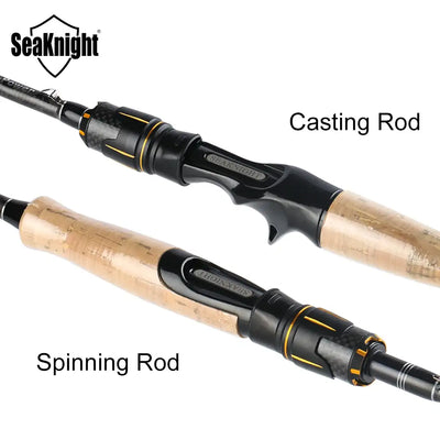 Two-piece fishing rod with cork grip and black reel seat, shown at casting and spinning styles