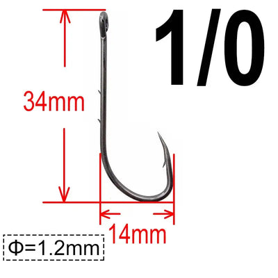 Barbed fishing hook 1/0 in dark metal, with size measurement diagram