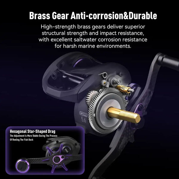 Baitcasting fishing reel close-up of brass gear and star-shaped drag on black frame.