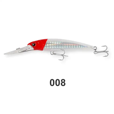 Saltwater trolling minnow wobbler in red-and-silver with lip and two treble hooks