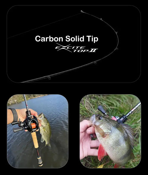 Carbon solid tip fishing rod with slim black tip section and guides