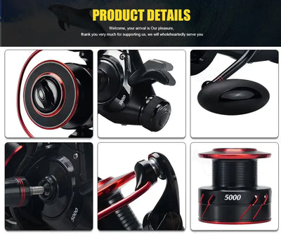 Detail collage of spinning fishing reel: spool, handle, knob, and red trim
