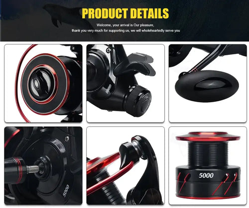 Detail collage of spinning fishing reel: spool, handle, knob, and red trim