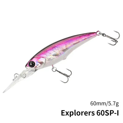 Suspending minnow lure, pink and silver shimmer with black eye and lip, 60mm treble hooks.