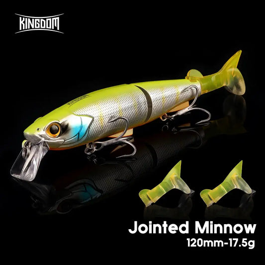 Jointed minnow swimbait hard lure, yellow-green body with silver scales and clear fin tail