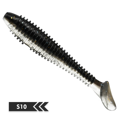 Black-and-silver paddle-tail soft fishing lure with ribbed body and clear tail.
