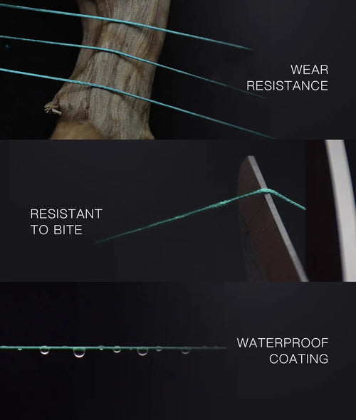 Blue fishing line strands with wear resistance and waterproof coating callouts