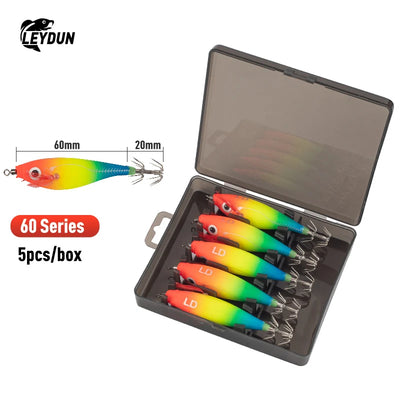 LEYDUN Luminous Squid Jig Set – Horizontal Wood Shrimp | BKK Hooks | ABS Body | 60 & 70 Series | 5-Pack & 14-Pack