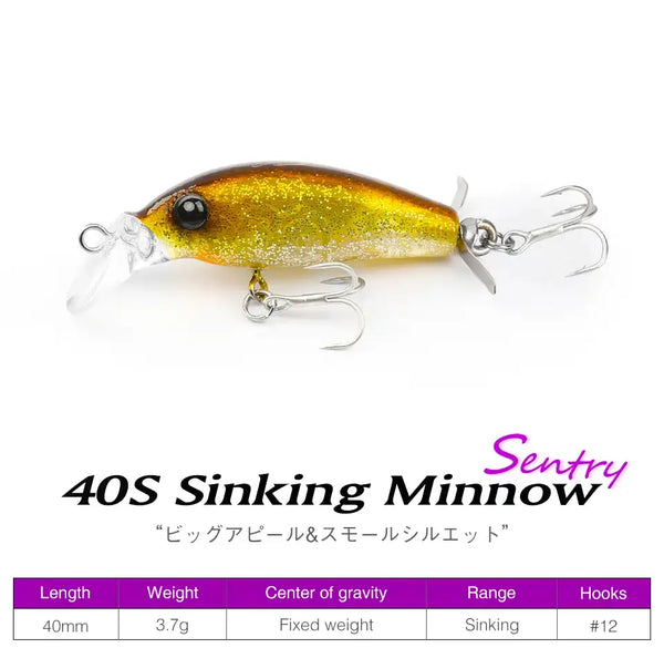 Sinking minnow lure in gold and green glitter finish with front and rear treble hooks