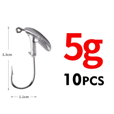 Jig head fishing hooks, silver 5g weight, 10-pack, bottom hook set