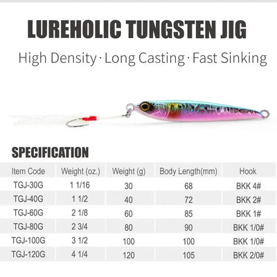 Lureholic 30g ~ 120g Tungsten Jig Slow Falling Hard Bait Fast Sinking Long Casting Metal Jig for Lure Fishig with Hooks -  - Cast N Go