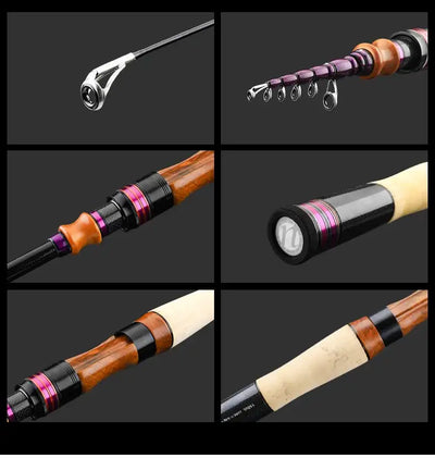Telescopic fishing rod close-up of guides, handle sections, and grip texture