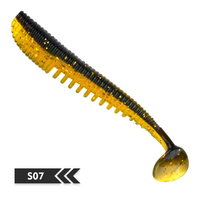 Soft silicone shad fishing lure, black-and-yellow striped body, golden paddle tail