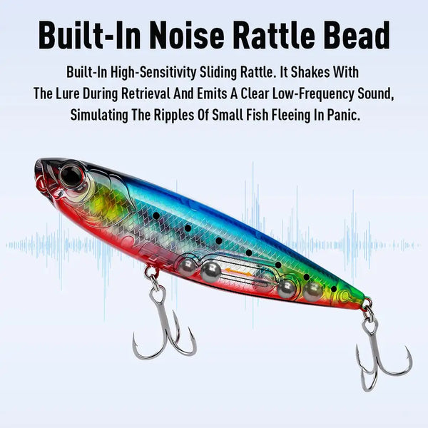 Multicolor topwater pencil fishing lure with red-blue-green scales and two treble hooks.