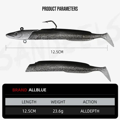 12.5 cm soft paddle tail fishing lure shown in two views, dark gray/silver color.