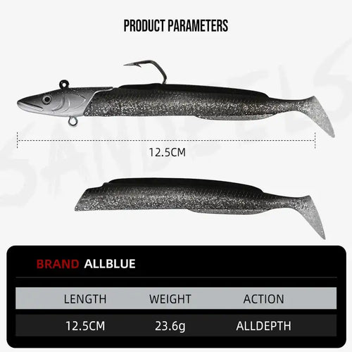 12.5 cm soft paddle tail fishing lure shown in two views, dark gray/silver color.