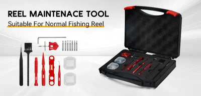 Reel maintenance tool kit with case, screwdrivers, and small cleaning tools