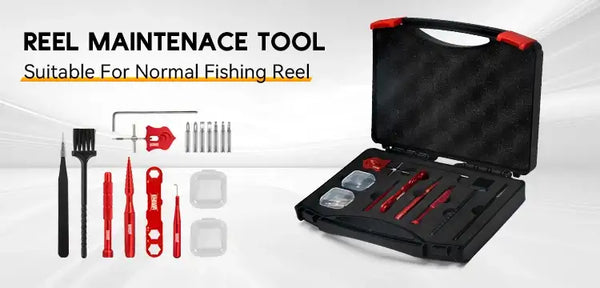 Reel maintenance tool kit with case, screwdrivers, and small cleaning tools