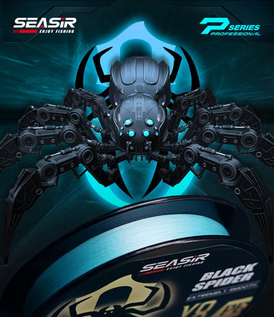 Black Spider PE fishing line spool with SEASIR branding and blue accents