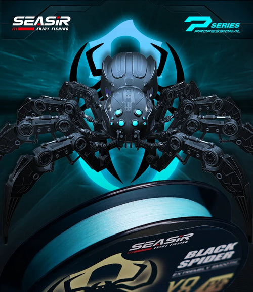 Black Spider PE fishing line spool with SEASIR branding and blue accents