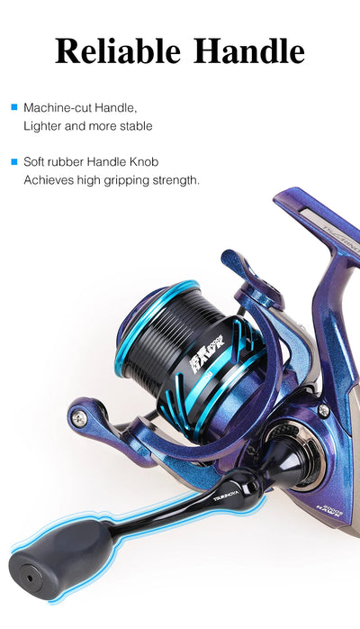 Spinning fishing reel with long handle, blue line spool, purple accents