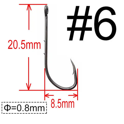 Long-shank baitholder hook size #6, dark metal, size diagram