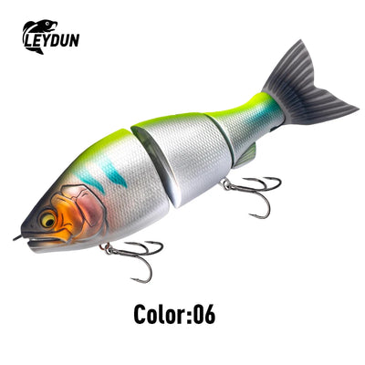 Silver and neon green jointed swimbait lure with blue stripe and treble hooks