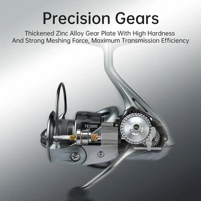 Spinning fishing reel with visible gears and spool mechanism in open housing
