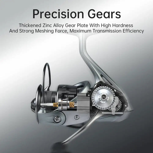 Spinning fishing reel with visible gears and spool mechanism in open housing