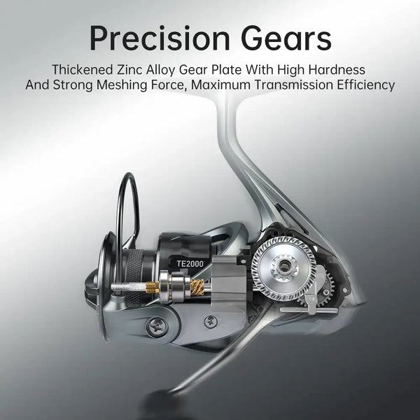 Spinning fishing reel with visible gears and spool mechanism in open housing