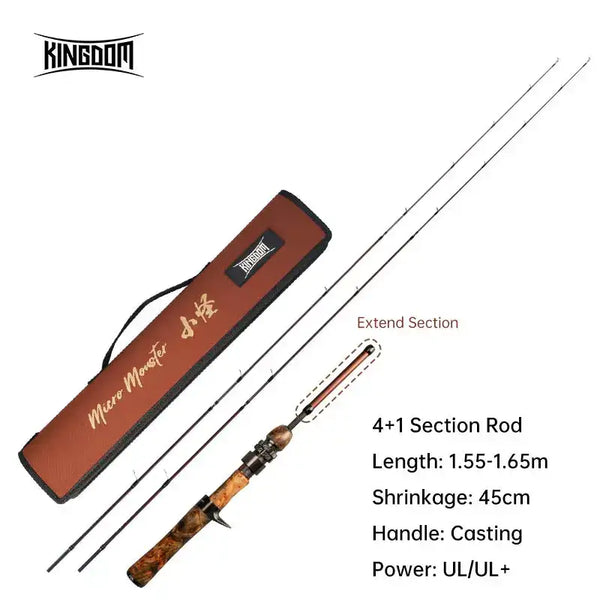 Brown flannel rod case and 4+1 section micro fishing rod, cork grip, casting handle