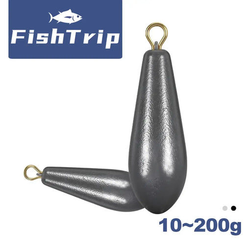 Willow leaf lead sinker pair, gray teardrop weights with gold eyelets
