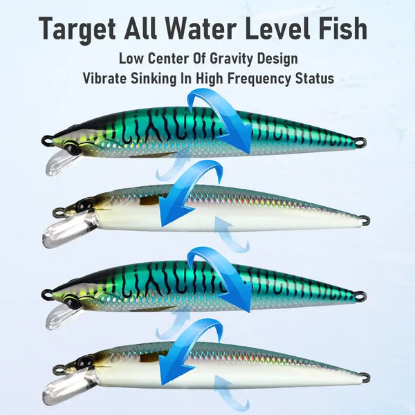 Saltwater sinking minnow lure set, teal and silver bodies with treble hooks