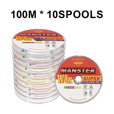 Pack of 10 spools of rainbow multicolor fishing line, MANSTER W8x 100M