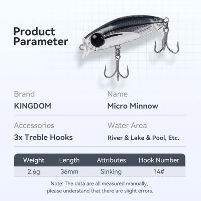 Dark blue and silver micro minnow fishing lure with sinking lip and treble hooks
