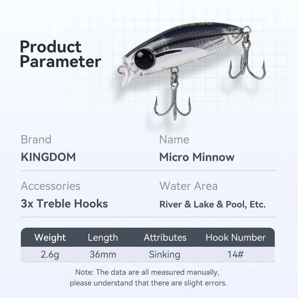 Dark blue and silver micro minnow fishing lure with sinking lip and treble hooks