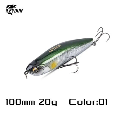 LeyDun Z-Claw floating pencil stickbait 100mm 20g metallic green silver body with yellow spot and BKK hooks