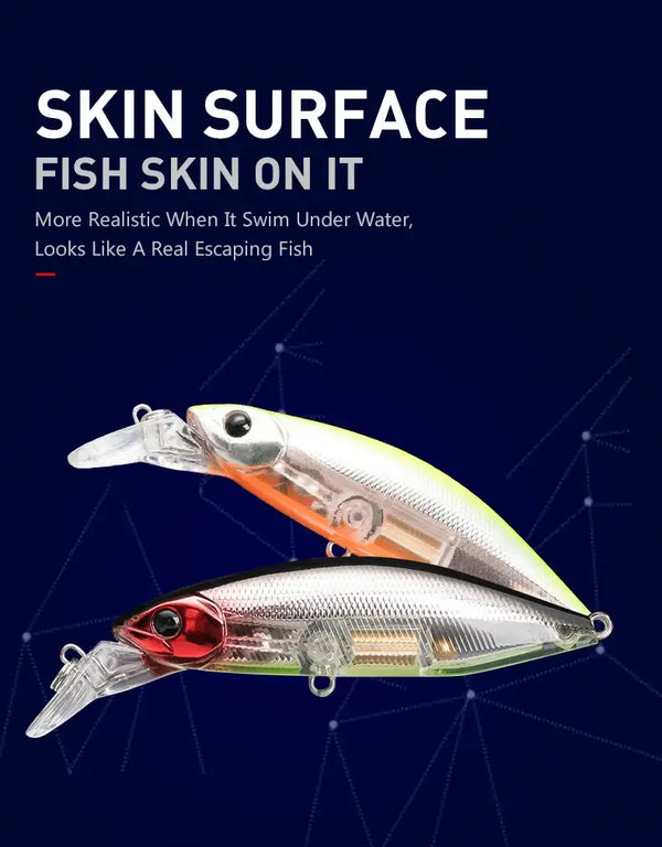 Sinking minnow fishing lure set with fish-skin style detail on two realistic lures