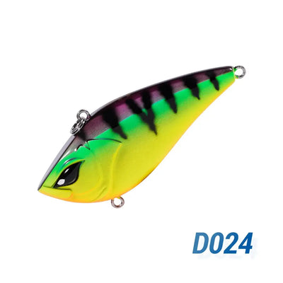 NOEBY lipless crankbait lure, chartreuse body with purple-green stripes and treble hooks (D024)