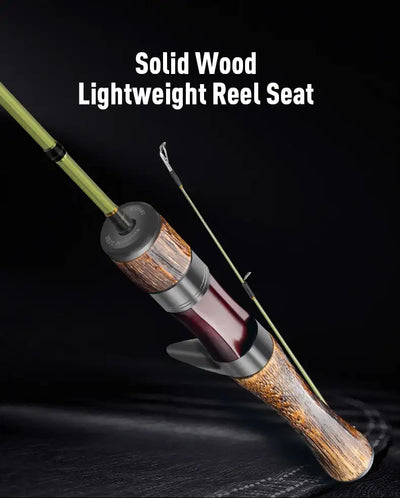 Fishing rod with solid wood reel seat and lime green blank, angled with attached line guides