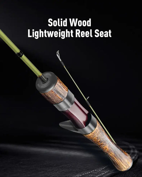 Fishing rod with solid wood reel seat and lime green blank, angled with attached line guides