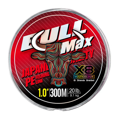Round spool of multicolour braided fishing line with red label