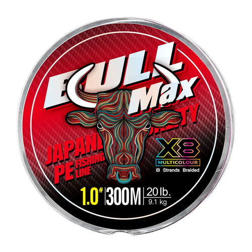 Round spool of multicolour braided fishing line with red label
