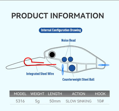 Crankbait internal configuration drawing showing steel wire and noise bead