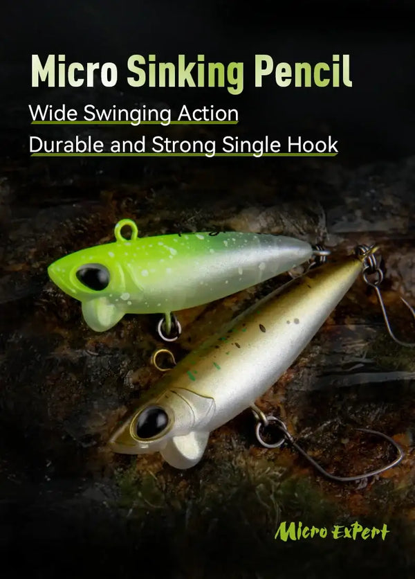 Micro sinking pencil lure in lime green and silver with single treble hooks